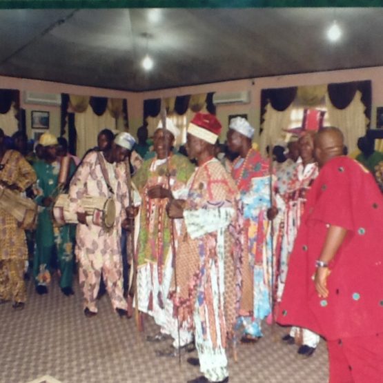 The Olooguns and gangan drummers displaying during courtesy visit to Ooni Olubuse II